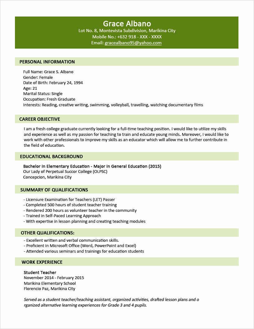 Sample Resume format for Fresh Graduates Two Page format