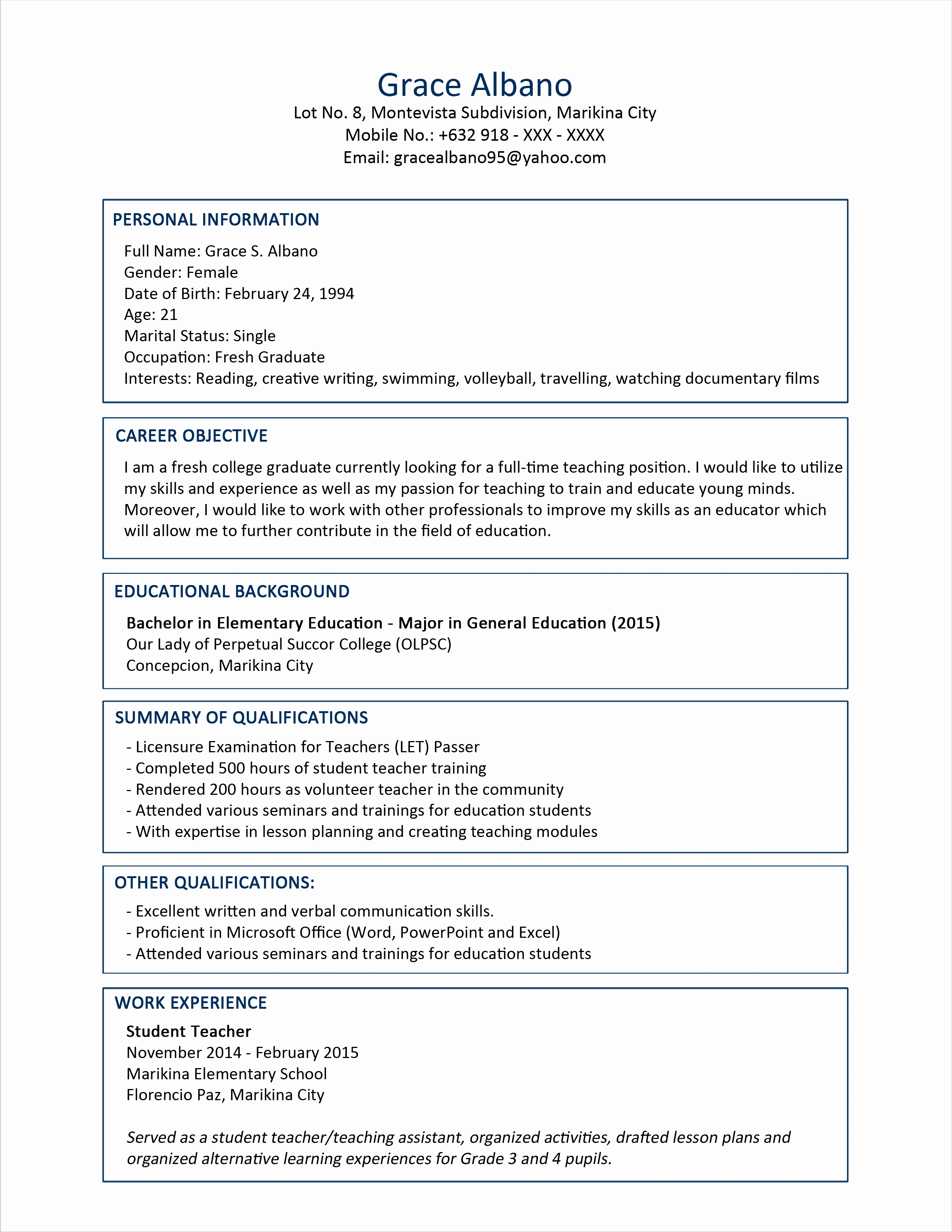 Sample Resume format for Fresh Graduates Two Page format