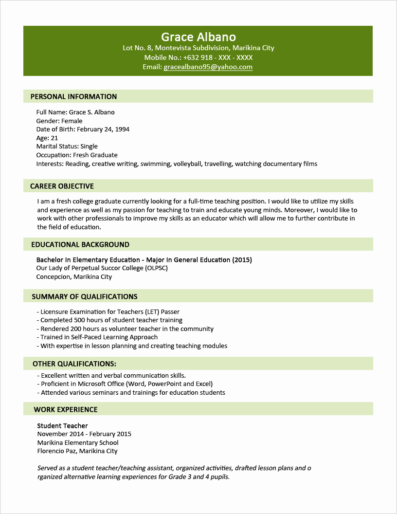 sample resume format fresh graduates two page