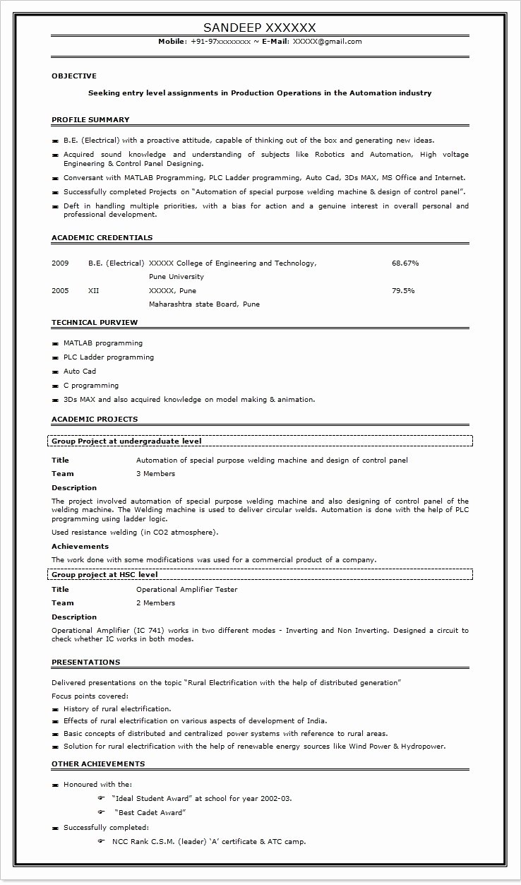 Sample Resume format for Freshers software Engineers