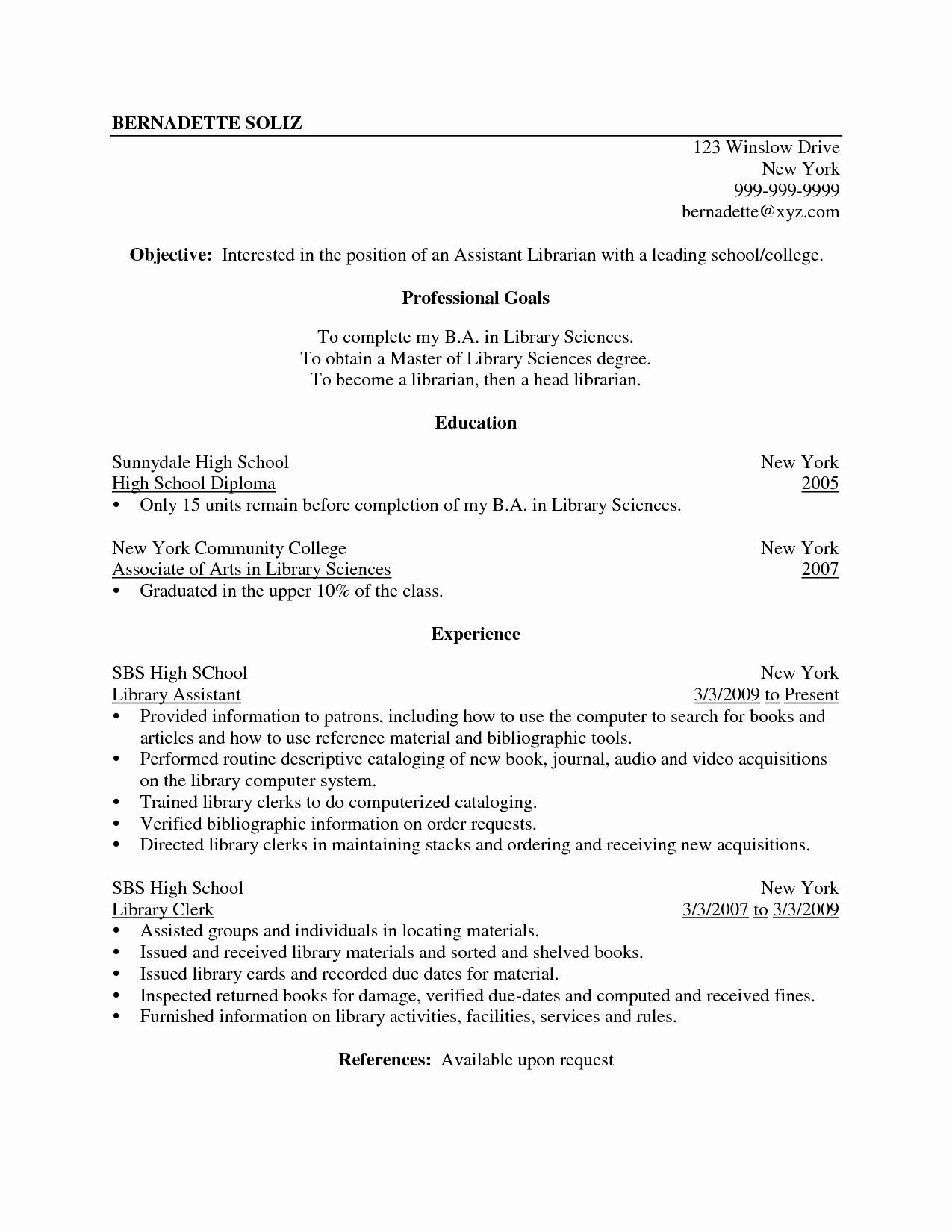 Sample Resume Objective for Library assistant