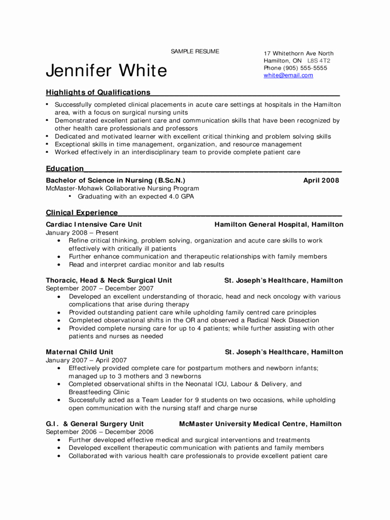 Sample Resume Undergraduate Nursing Student