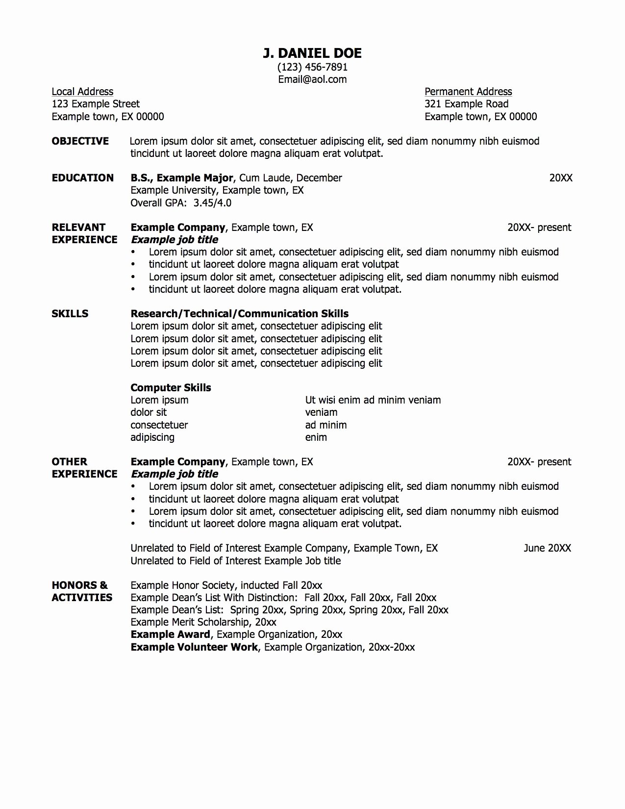 Sample Resume with Professional Title for Job Objective