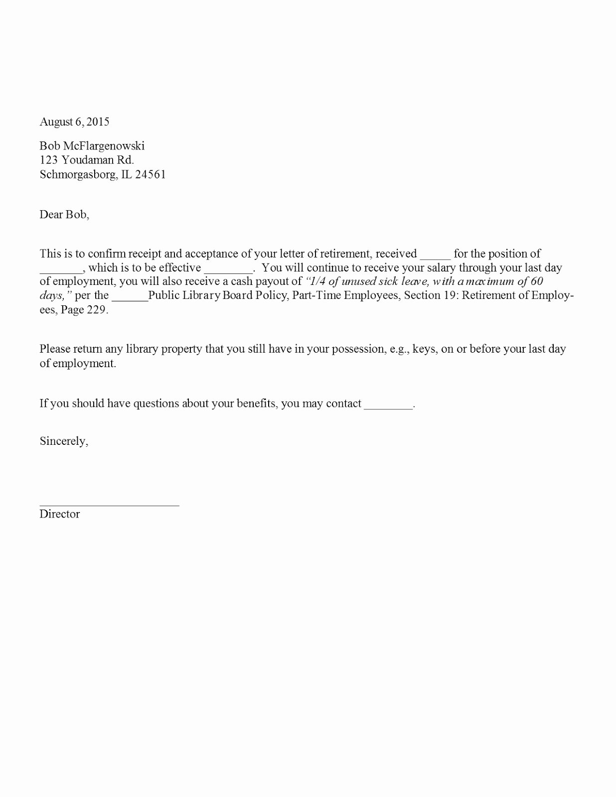 sample retirement acceptance letter