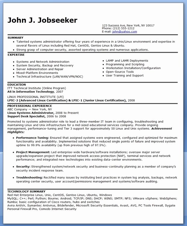 Sample Systems Administrator Resume Experienced