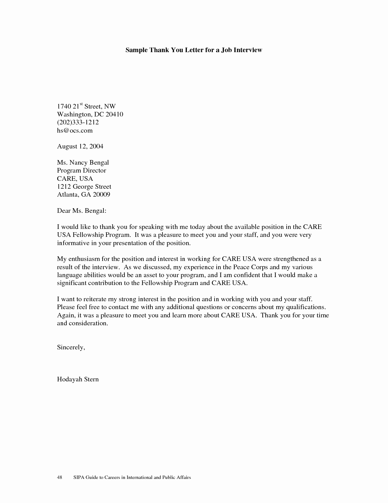 Sample Thank You Letter for Job Interview
