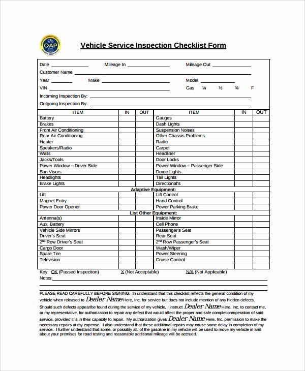 Sample Vehicle Inspection Checklist Template 9 Free