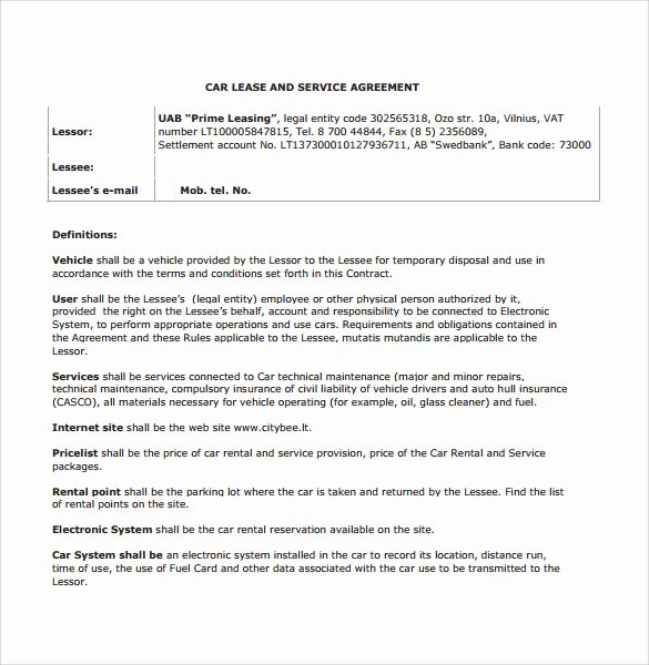 Sample Vehicle Lease Agreement Template 7 Free