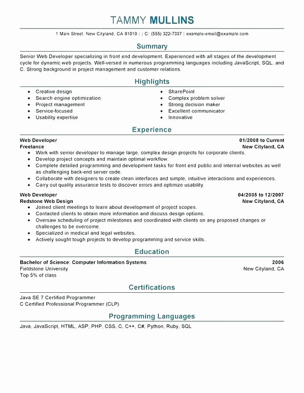 sample web developer resume