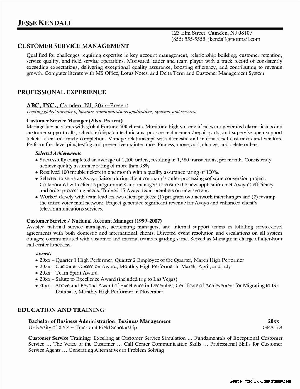 Samples Resumes for Customer Service Manager Resume