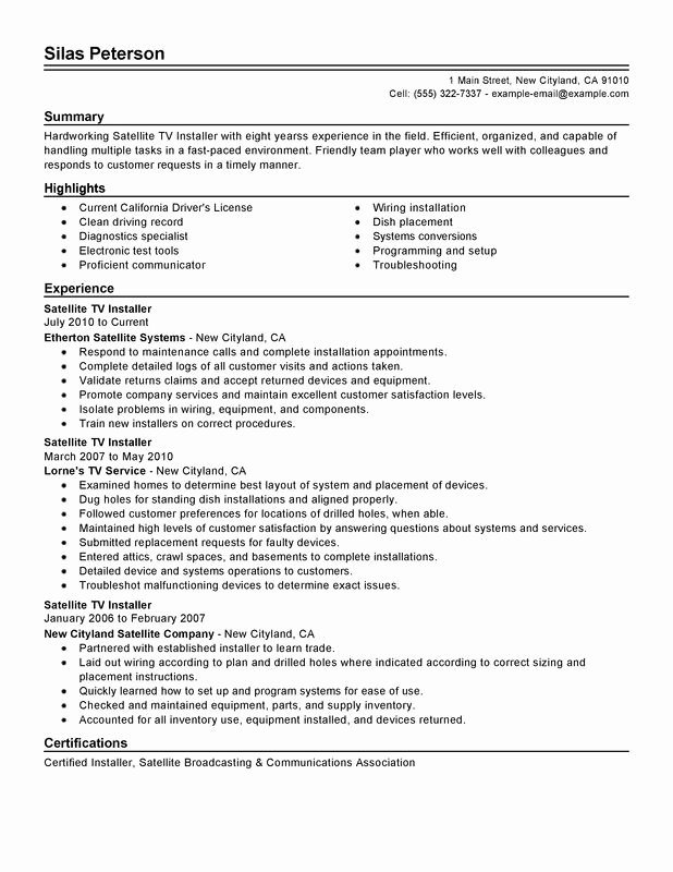 Satellite Tv Installer Resume Examples – Free to Try today