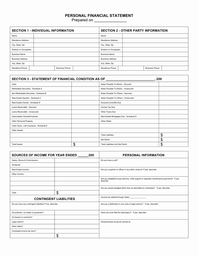 Sba Personal Financial Statement Excel Template Simple