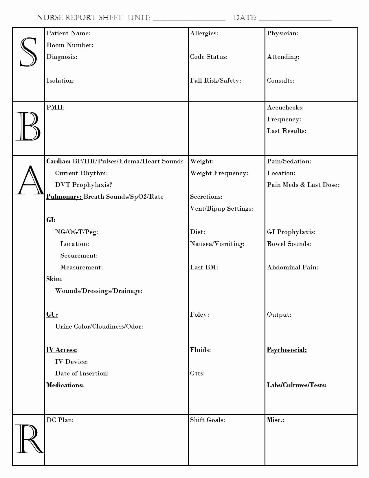 Sbar Nurse Report Brain Sheet Printable