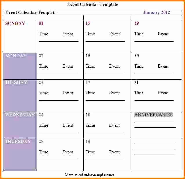 Schedule Of events Template