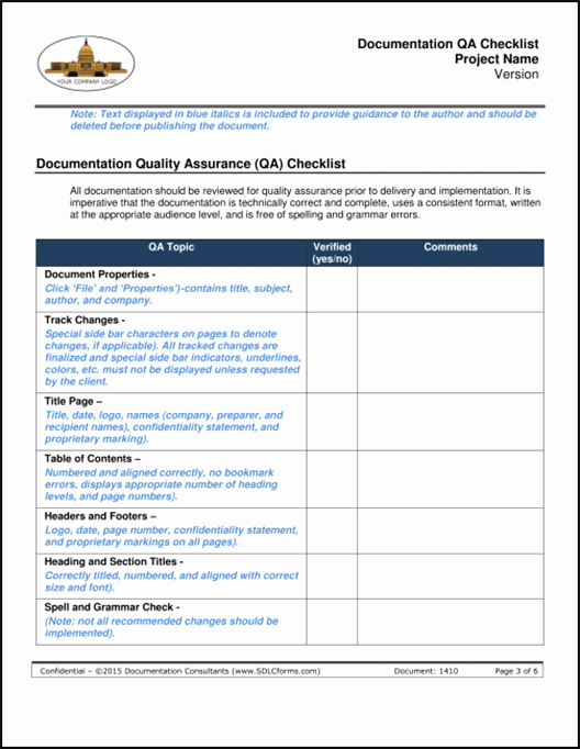 Sdlcforms Documentation Qa Checklist Template