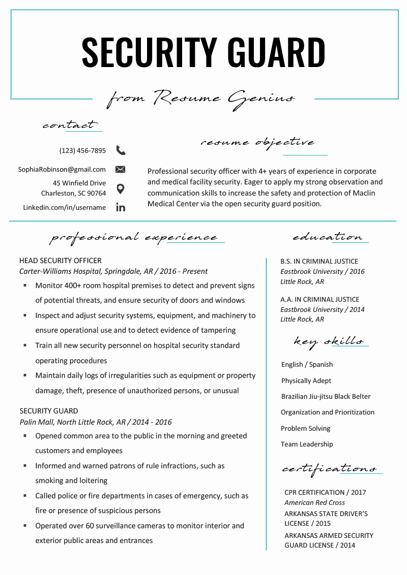 security guard resume example