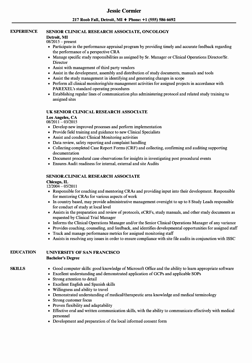 Senior Clinical Research associate Resume Samples