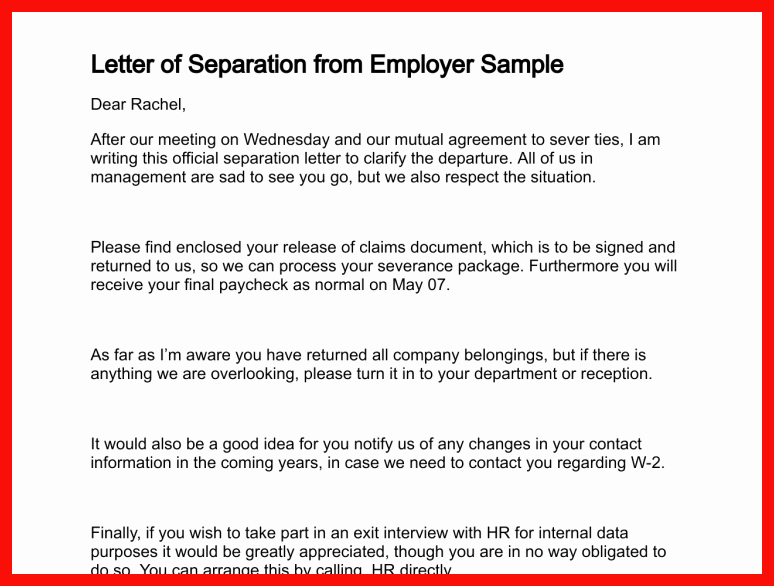 Separation Notice Sample