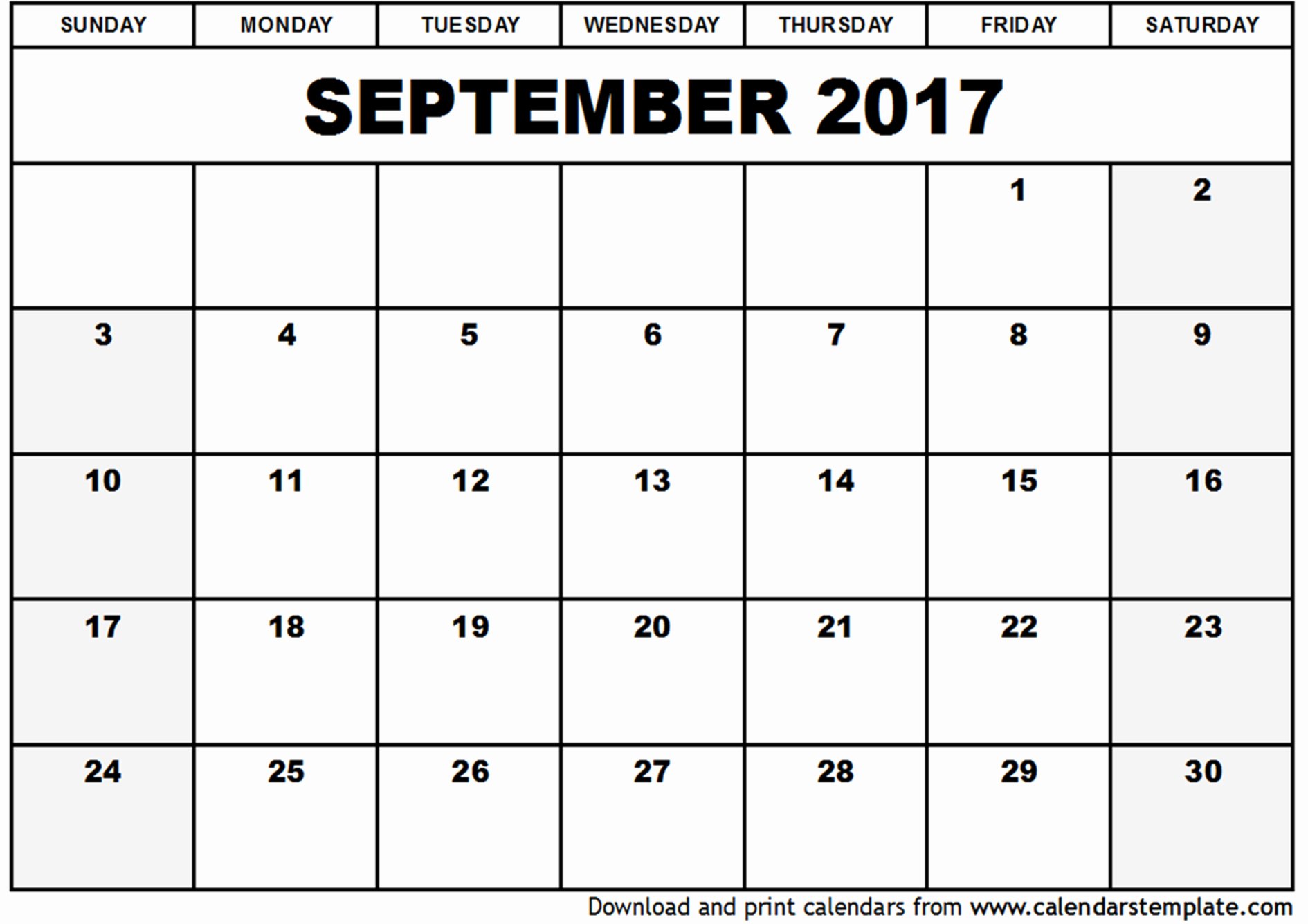September 2017 Calendar Excel