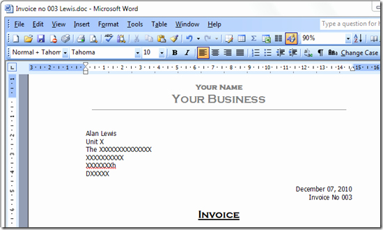 Sequentially Numbered Invoice Template for Ms Word