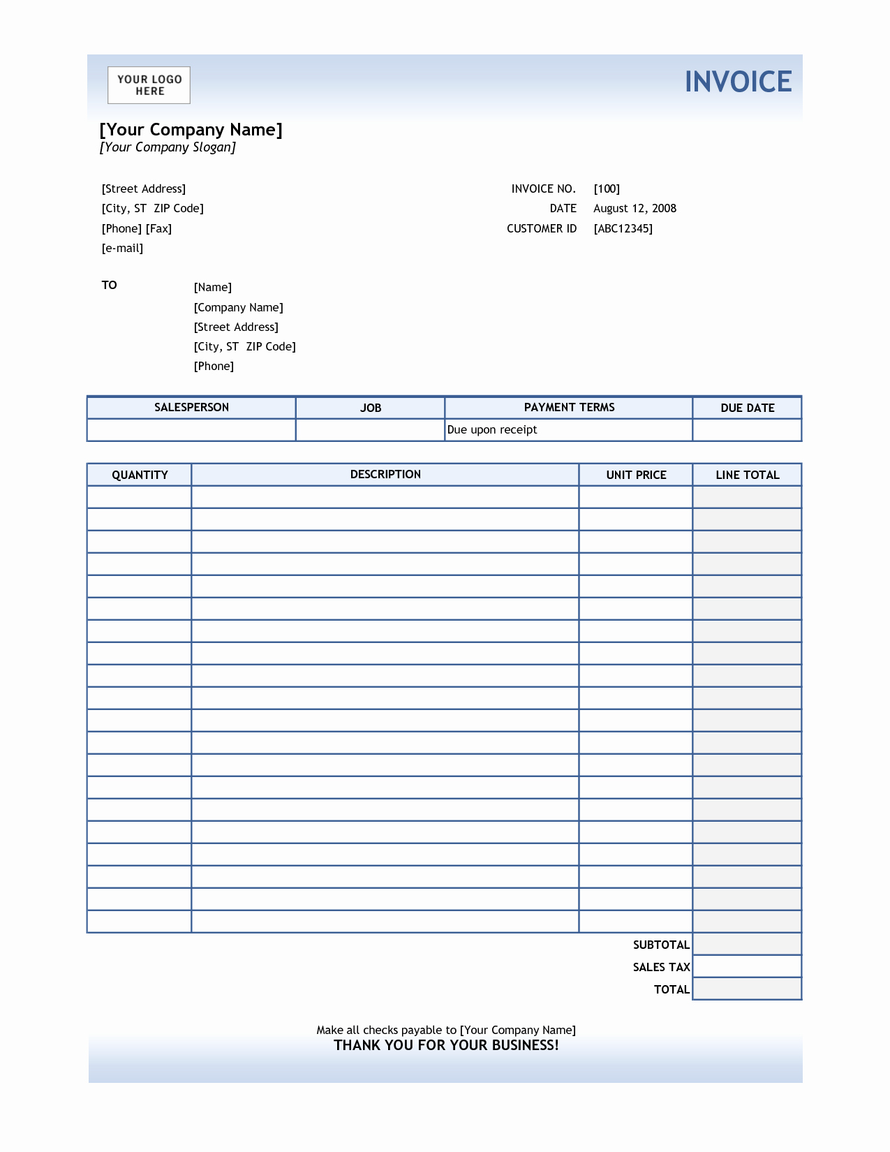Service Invoice Template Excel