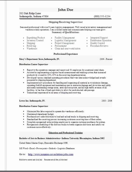 Shipping Receiving Resume Occupational Examples Samples