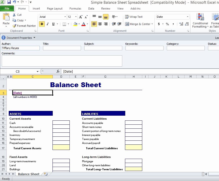 Simple Balance Sheet Template for Excel