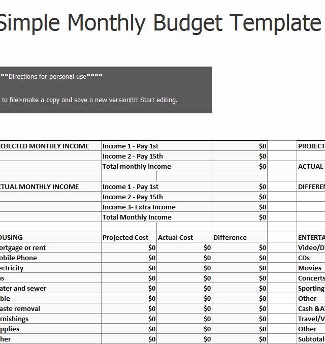 Simple Monthly Bud Sheet Template Haven