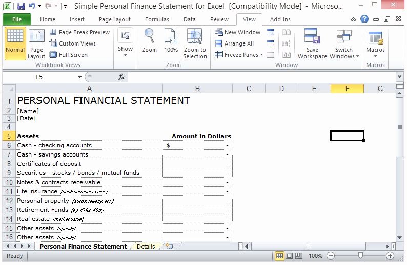 Simple Personal Finance Statement Template for Excel