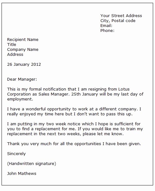 Simple Resignation Letter Examples Cover Example Job