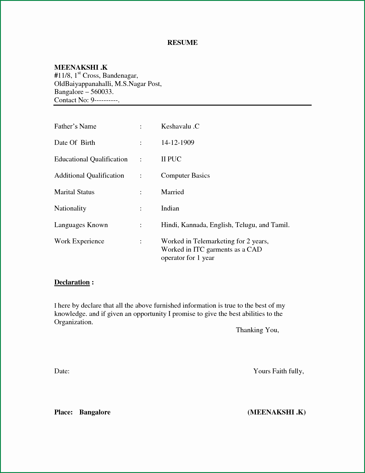 Simple Resume format for Freshers In Word File