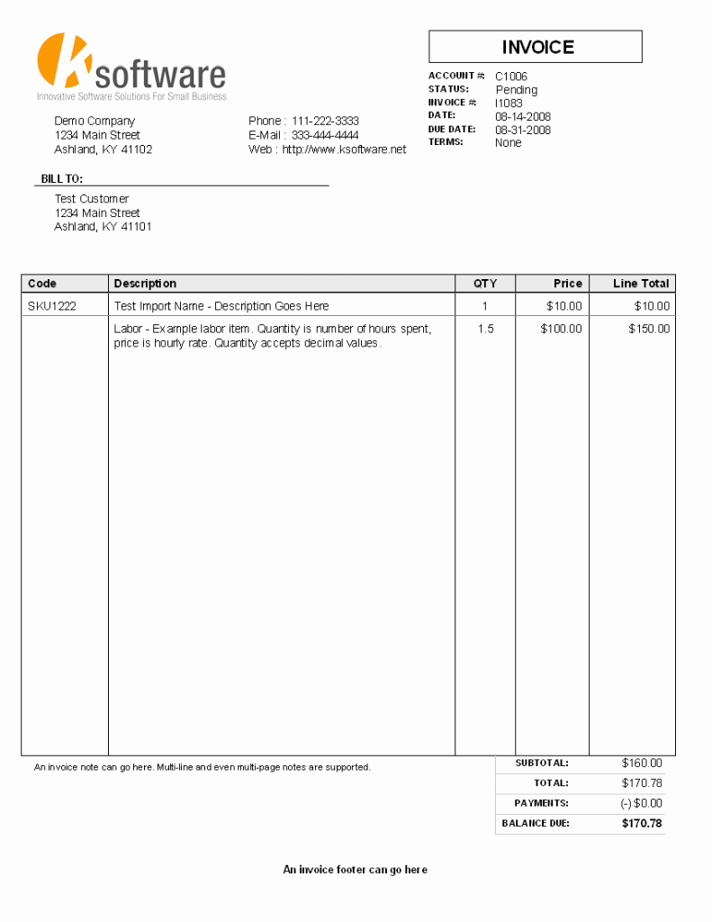 Simple Template Example Of Service Billing Invoice for