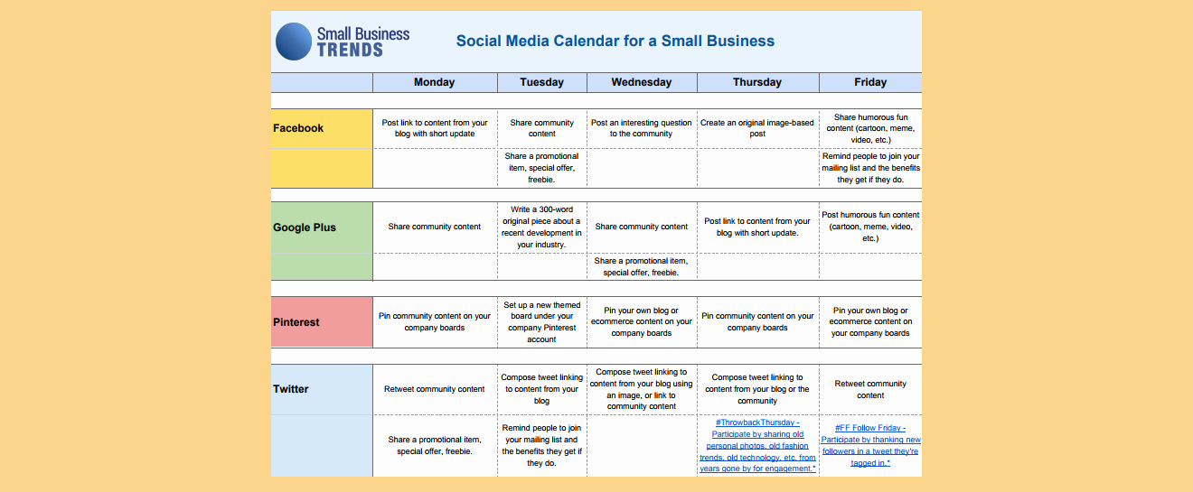 Social Media Calendar Template for Small Business