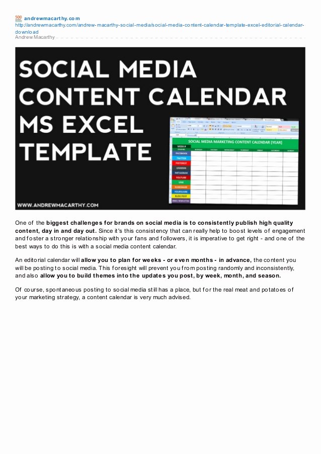Social Media Content Calendar Template Excel