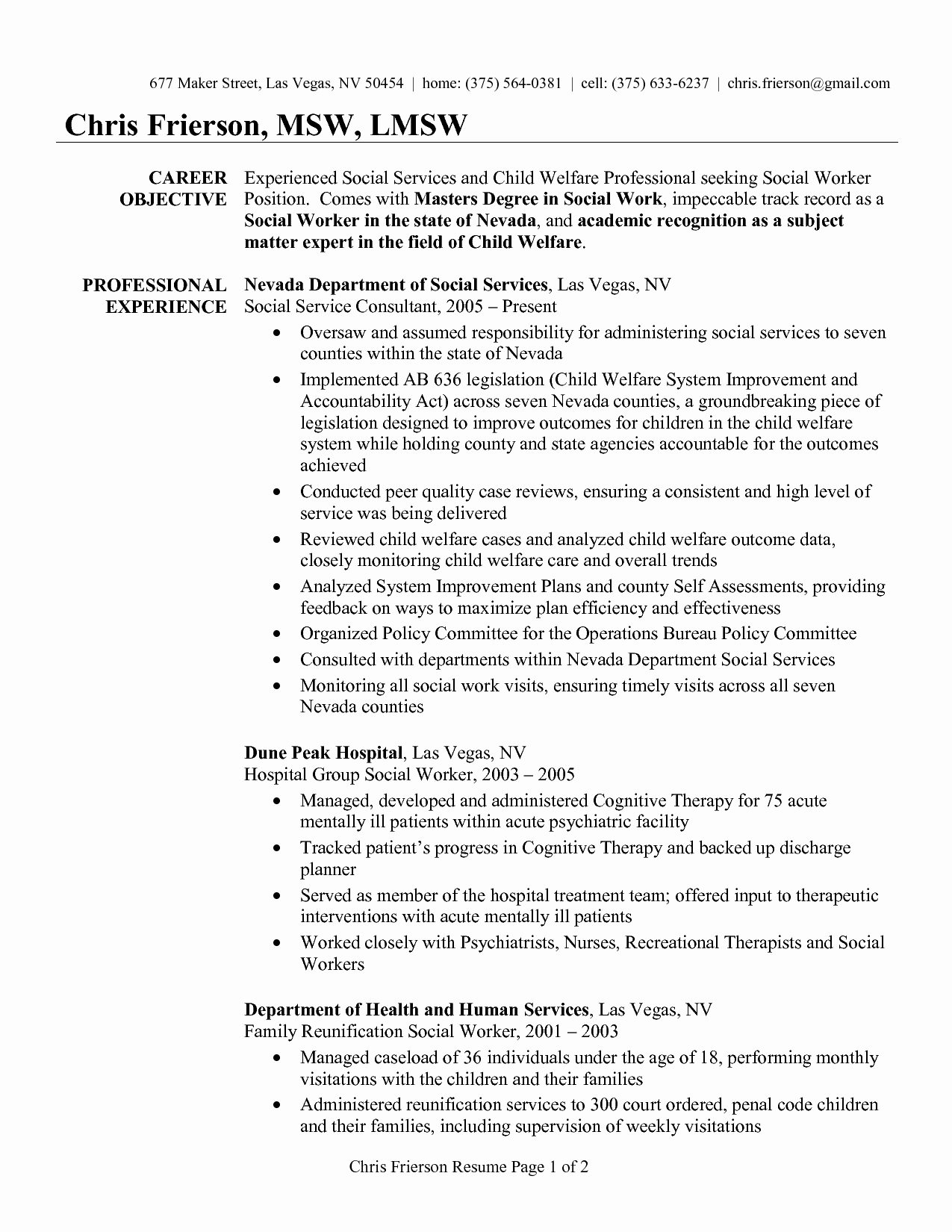 social work resume objective statement