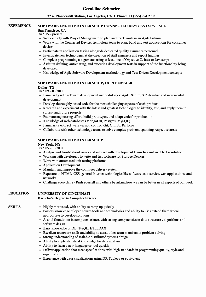 software engineer internship resume sample