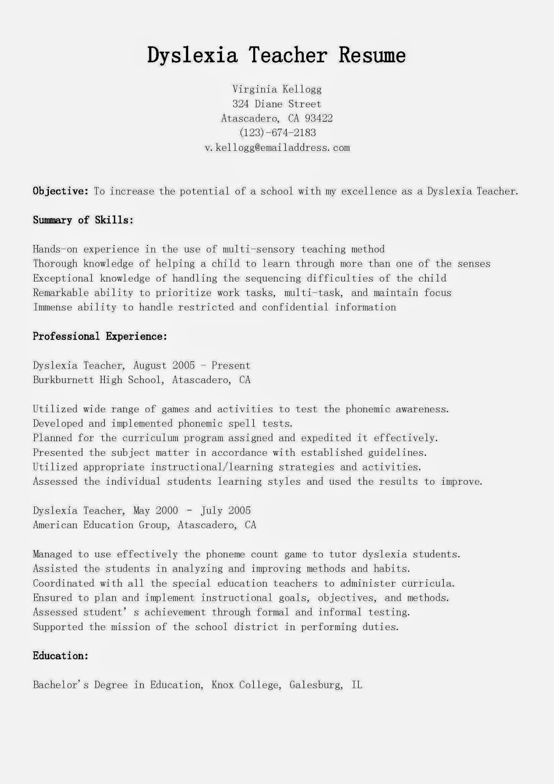 Teacher Job Description Resume