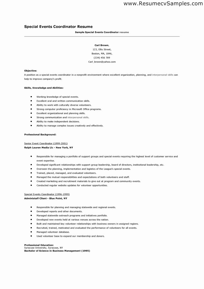 Special events Coordinator Resume Samples Security