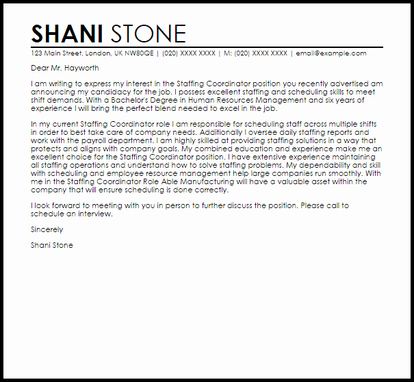 Staffing Coordinator Cover Letter Sample