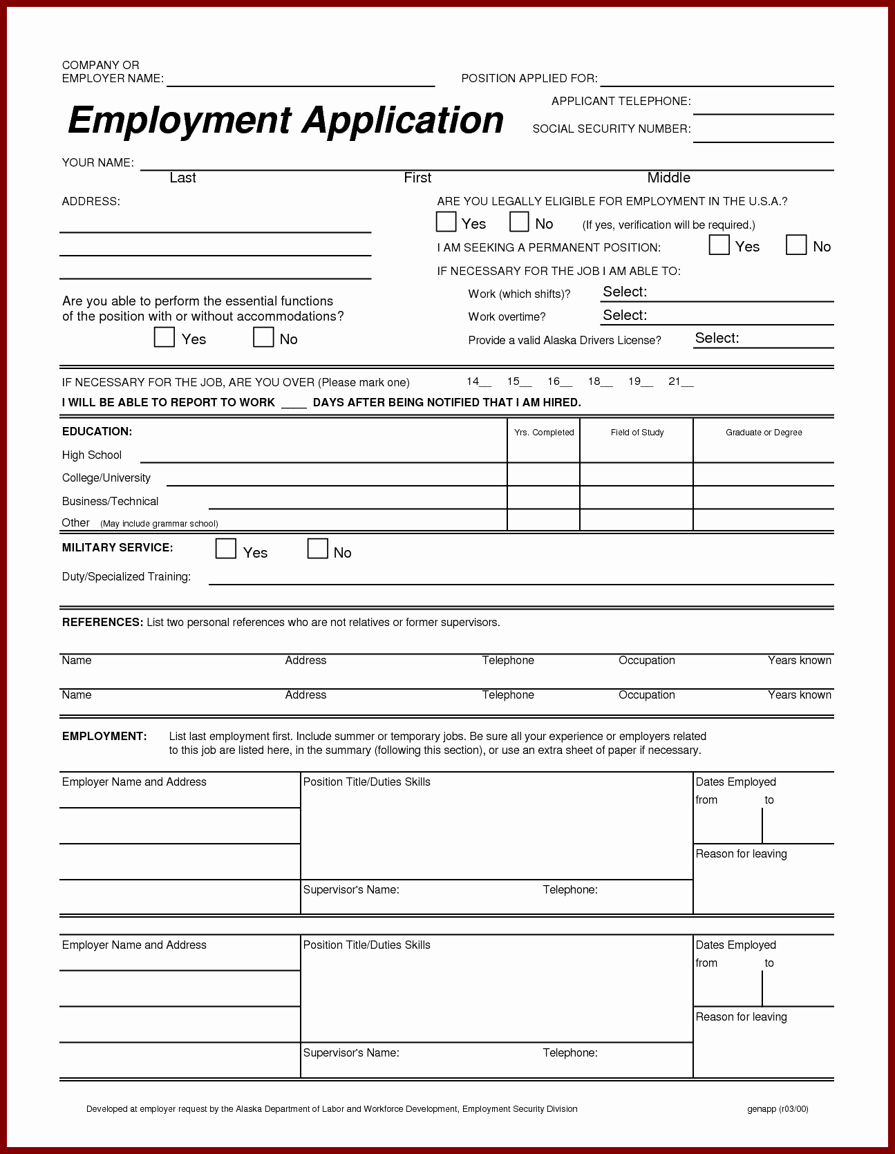 Standard Job Application form Printable 1295