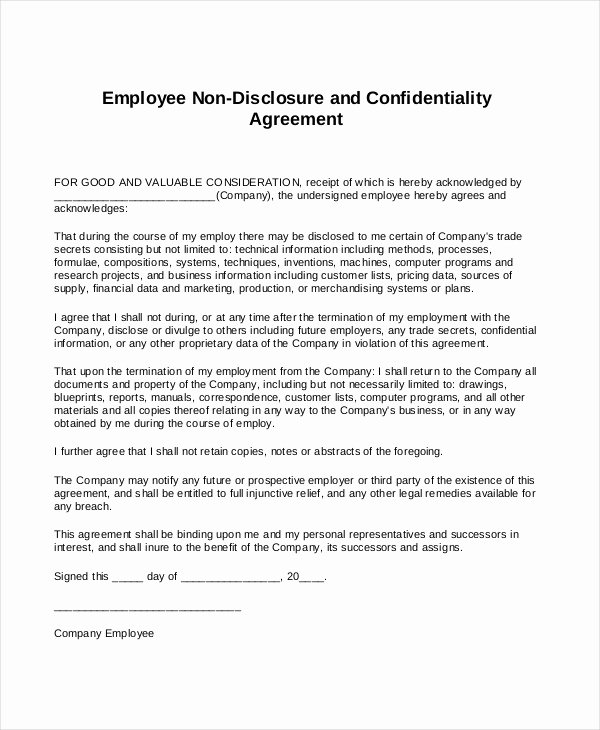 Standard Non Disclosure Agreement form – 10 Free Word