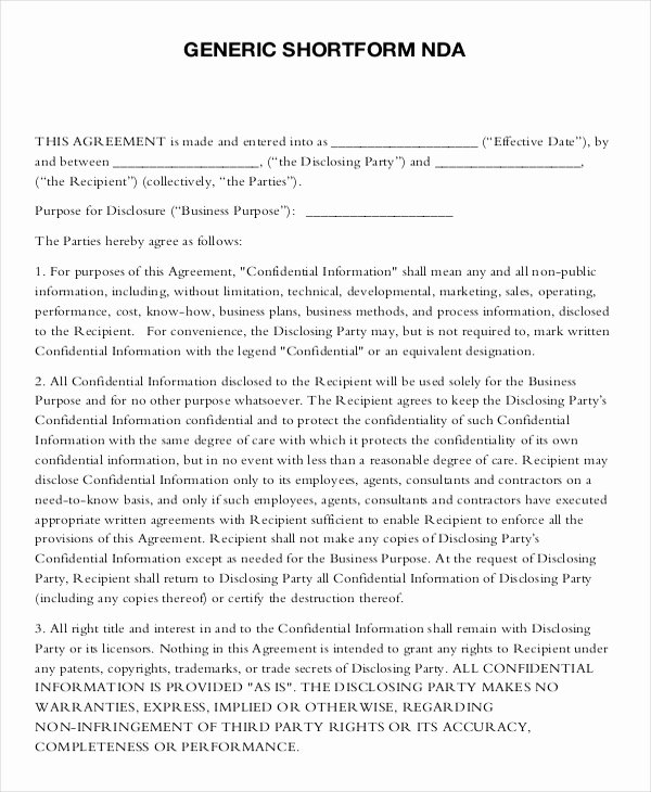Standard Non Disclosure Agreement form 19 Examples In