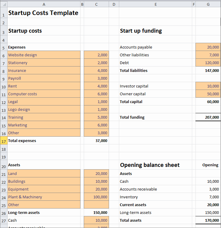 Start Up Costs Calculator Template