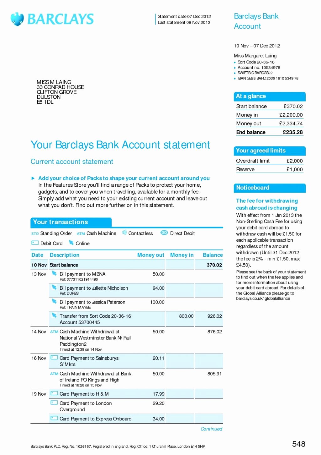 Statement Free Bank America Template format Download