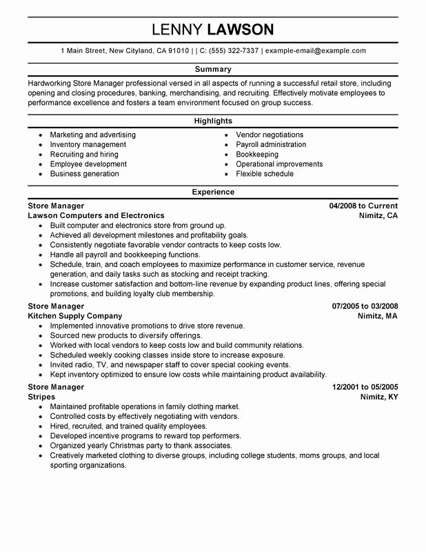 store manager resume sample