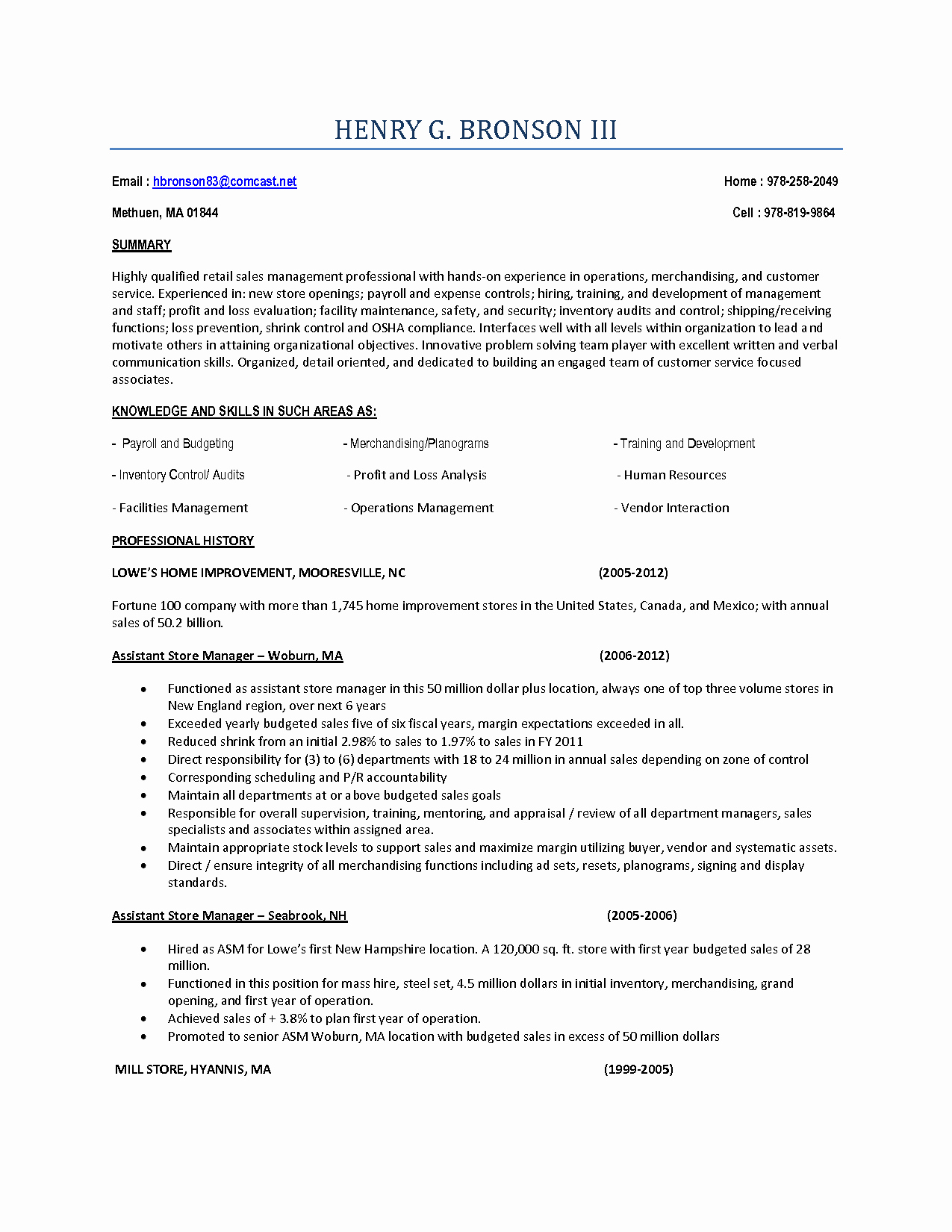 Store Manager Resume Pdf