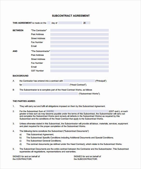 Sub Contractor Agreement Template 28 Images Sle