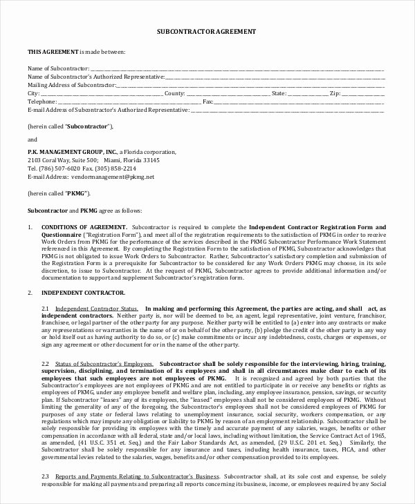 Subcontractor Agreement 11 Free Word Pdf Documents