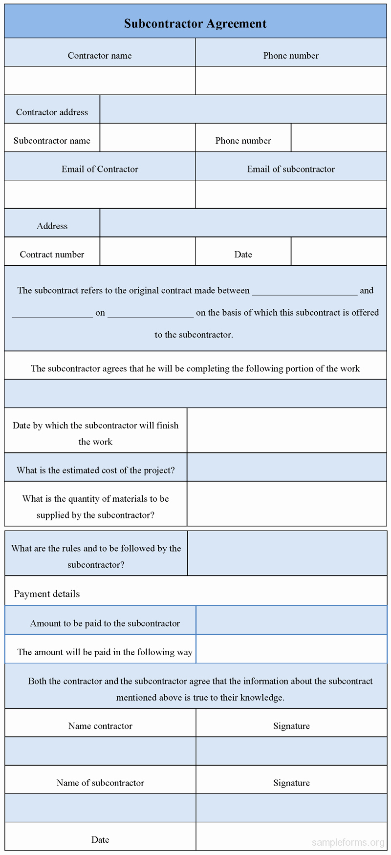 Subcontractor Agreement form Sample forms