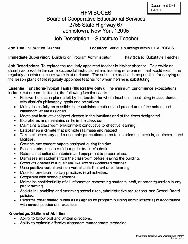 Substitute Teacher Job Description Resume